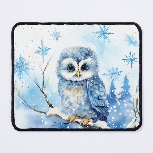 Item preview, Winter baby owl in the snow, blue, winter, snow owl, winter decor, winter art watercolor painting, blue winterlandscape, minimalist abstract style, watercolor painting, winter season designed and sold by navitalidesign.