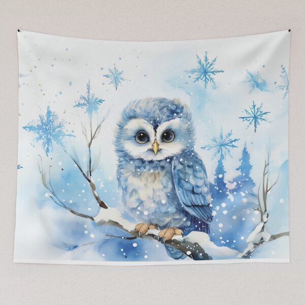 Item preview, Winter baby owl in the snow, blue, winter, snow owl, winter decor,  winter art watercolor painting, blue winterlandscape, minimalist abstract style,  watercolor painting, winter season  designed and sold by navitalidesign.