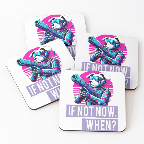 Item preview, Dog with Retro Futuristic Gun in Pink and Blue, Design with Inspirational Quote 'If not now, when?' designed and sold by AstronautMerch.