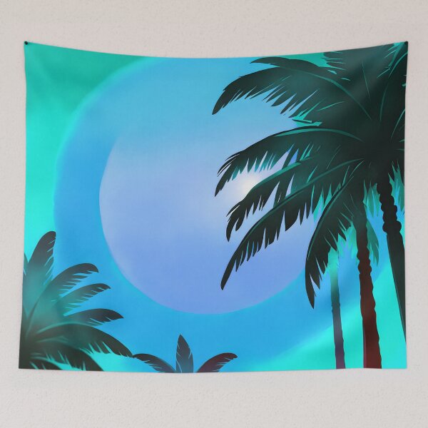 Item preview, Retro Moon and Palm Trees Cyan Turquoise Beach Style AI Art designed and sold by Beachy.