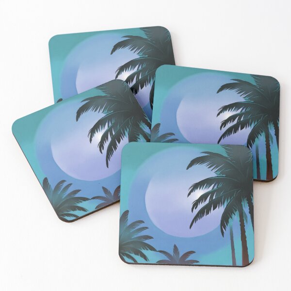 Item preview, Retro Moon and Palm Trees Dusty Blue Dusty Turquoise AI Art designed and sold by Beachy.
