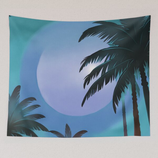 Item preview, Retro Moon and Palm Trees Dusty Blue Dusty Turquoise AI Art designed and sold by Beachy.