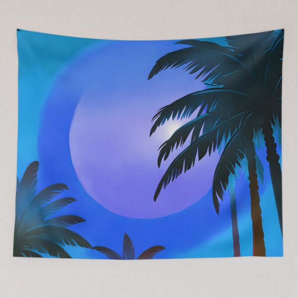 Item preview, Retro Moon and Palm Trees Turquoise Blue Beach Style AI Art designed and sold by Beachy.