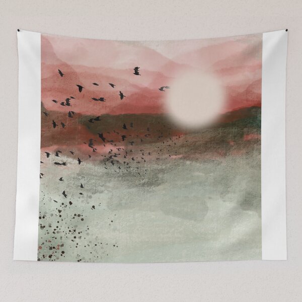 Item preview, Red landscape painting, Japandi minimalist abstract watercolor birds landscape painting,  brush stokes,  muted color palette,  minimalist modern decor posters designed and sold by navitalidesign.