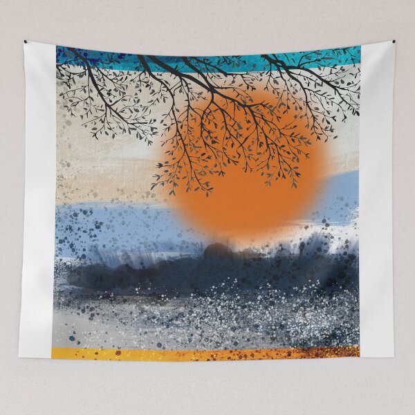 Item preview, Teal and orange landscape painting, Japandi minimalist abstract watercolor birds landscape painting,  brush stokes,  muted color palette,  minimalist modern decor posters designed and sold by navitalidesign.