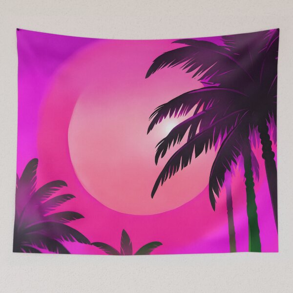 Item preview, Retro Sun and Palm Trees Lilac Pink Hot Pink AI Art designed and sold by Beachy.