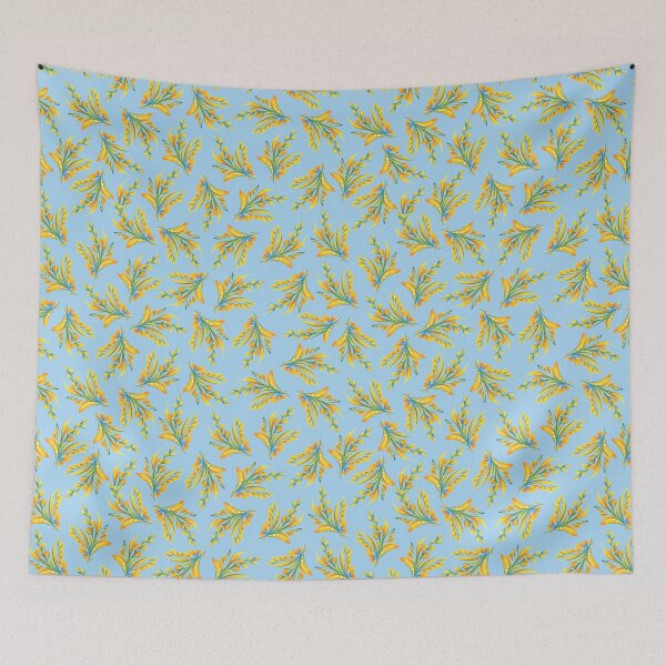 Item preview, Yellow twig, plant pattern on a blue background, Ukrainian vegetation, Petrykivka Ukraine designed and sold by Sunflower-7.