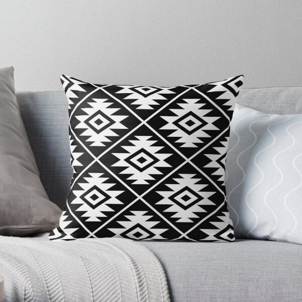 Aztec Symbol Pattern White on Black Throw Pillow