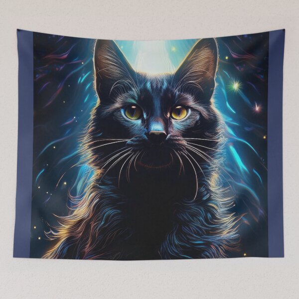 Item preview, Black cat against a colorful blue background  designed and sold by Photopat.
