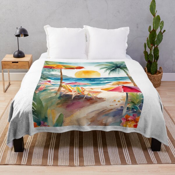 Item preview, Vibrant Tropical Beach Scene with Palm Trees, Sun, and Colorful Umbrellas designed and sold by Jasava Shop.