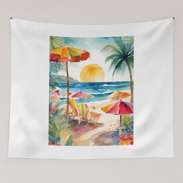 Item preview, Vibrant Tropical Beach Scene with Palm Trees, Sun, and Colorful Umbrellas designed and sold by Jasava Shop.