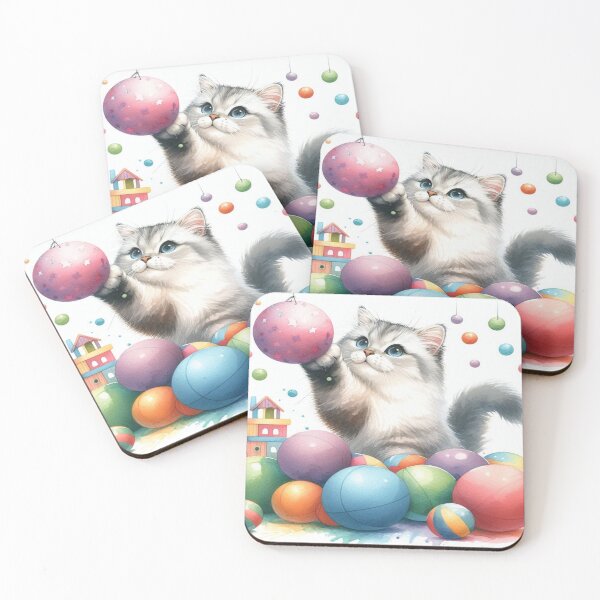 Item preview, Playful Cat: A Moment of Joy with Colorful Christmas Balls – Festive Magic in Watercolor Style designed and sold by FotoworldEdel.