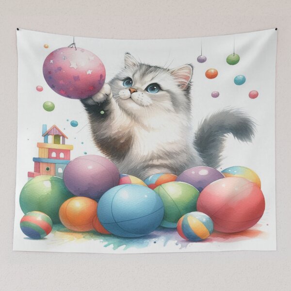 Item preview, Playful Cat: A Moment of Joy with Colorful Christmas Balls – Festive Magic in Watercolor Style designed and sold by FotoworldEdel.