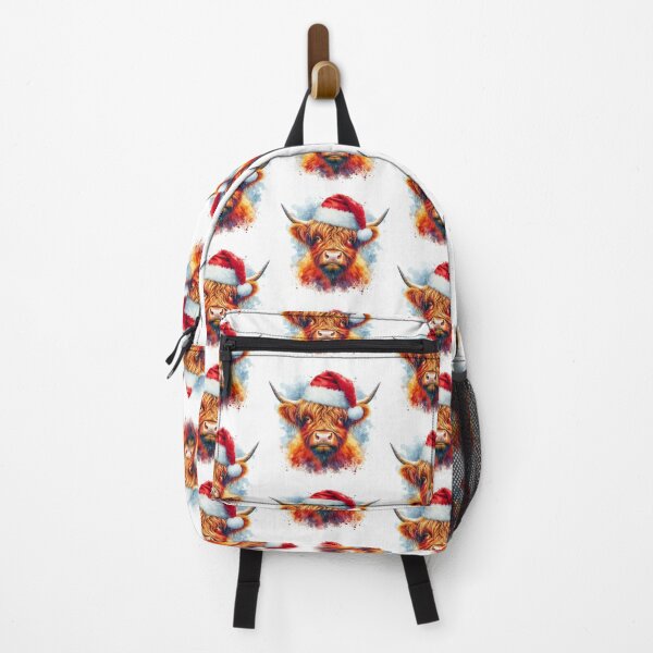 Vista previa del artículo con la obra «Vaca de las Tierras Altas de Escocia con gorro de Papá Noel en Navidad Acuarela colorida», diseñado y vendido por MaedK.