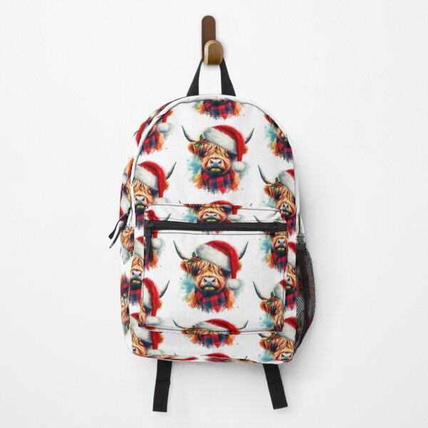 Vista previa del artículo con la obra «Vaca de las Tierras Altas de Escocia con gorro de Papá Noel en Navidad Acuarela colorida», diseñado y vendido por MaedK.