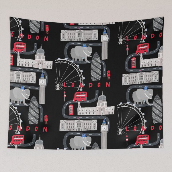 Item preview, London, Humorous Travel Poster with City Icons and Elephant Tourist designed and sold by Carla Daly.