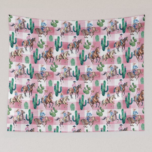 Item preview, Cowboys and cowgirls on pink gingham watercolor  designed and sold by SophieClimaArt.