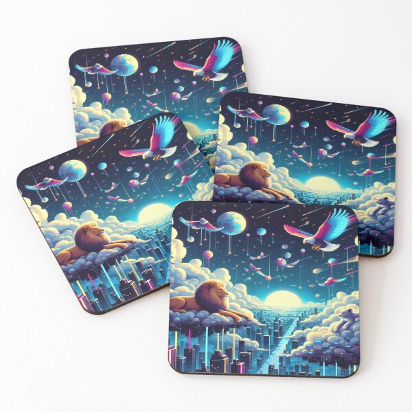 Item preview, Pixel Sky Kingdom with Cloud Lions and Neon Hawks designed and sold by Imaginarium of Chaos falcon88 .