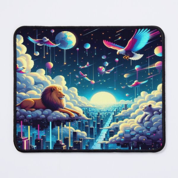 Item preview, Pixel Sky Kingdom with Cloud Lions and Neon Hawks designed and sold by Imaginarium of Chaos falcon88 .