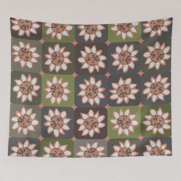 Item preview, Hand Drawn Batik Coral and Green Geometric Daisy Pattern designed and sold by schorrnuff.