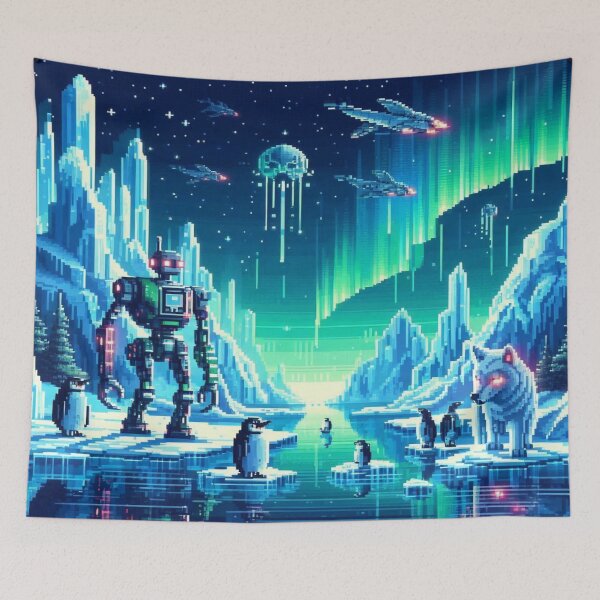Item preview, Futuristic Arctic Pixel World with Robo-Penguins and Ice Wolves designed and sold by Imaginarium of Chaos falcon88 .