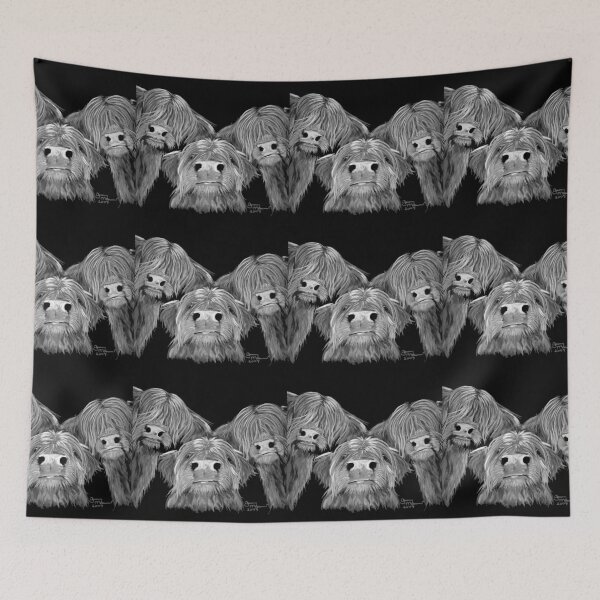 Item preview, Scottish Hairy Highland Cow ' THe BouNCeRS B&W ' by Shirley MacArthur designed and sold by Shirley MacArthur Art.