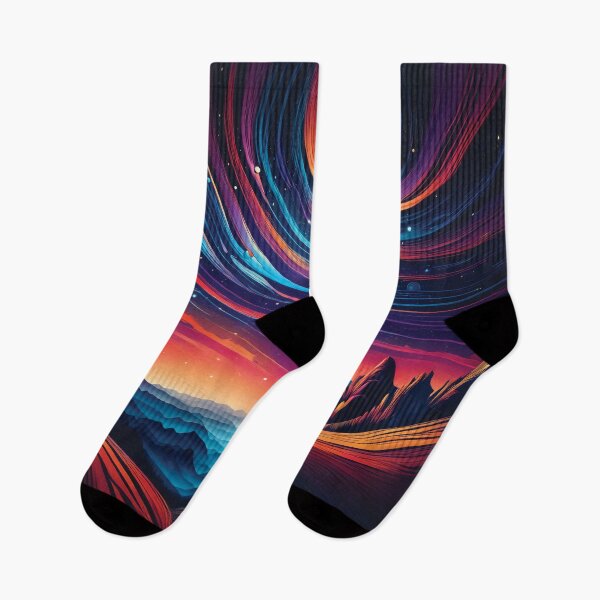 Item preview, A star-filled sky with swirling pattern design over a range of colorful mountains. designed and sold by HEMRO.