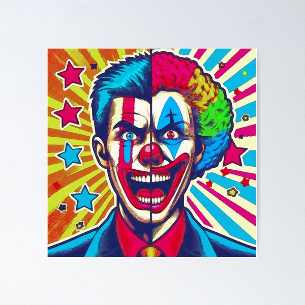 Item preview, Crazy Clown Laughing, Half Normal and Half Rainbow Hair, Colorful Background and Stars designed and sold by AstronautMerch.