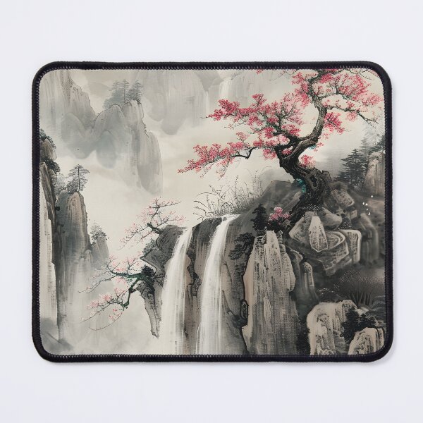 Item preview, Serene mountain waterfall with blooming cherry blossoms designed and sold by Artessie.