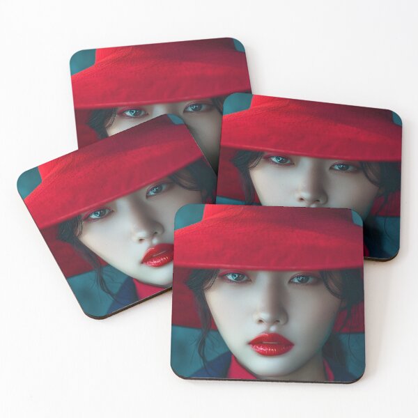 Item preview, Woman in red hat with bold makeup and intense gaze. designed and sold by Artessie.