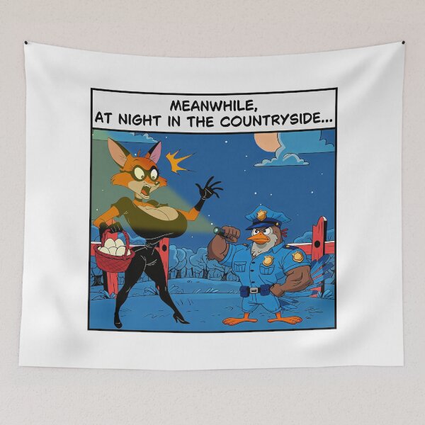 Item preview, Meanwhile, at Night in the Countryside – Busty Furry Fox Thief and Buff Chicken Cop designed and sold by BaxInke.