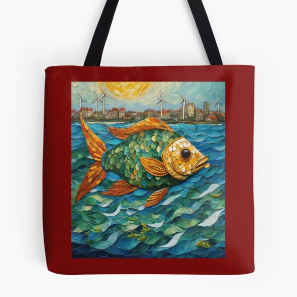 Item preview, "Symbiotic Seascape: Recycled Plastic Fish in a Sustainable City" designed and sold by Artisticanvas.