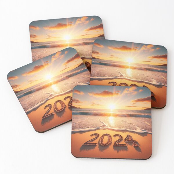 Item preview, The year 2024 is etched in the sand at the edge of the ocean as the sun sets over the horizon designed and sold by homydesign.