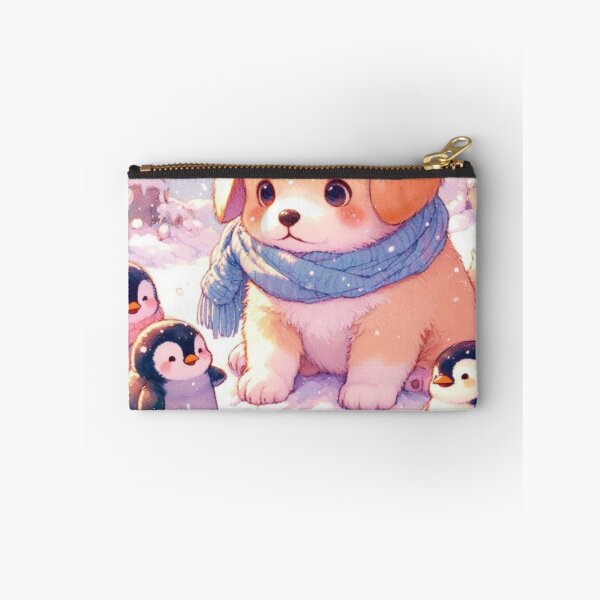 Aperçu de l'œuvre Un adorable labrador retriever kawaii avec ses amis pingouins au pays des merveilles hivernal créée et vendue par FaydeFlora.