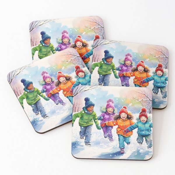 Item preview, Watercolor illustration of children playing in snow wearing colorful winter clothing designed and sold by homydesign.