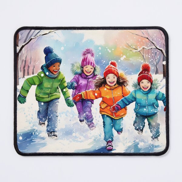 Item preview, Watercolor illustration of children playing in snow wearing colorful winter clothing designed and sold by homydesign.