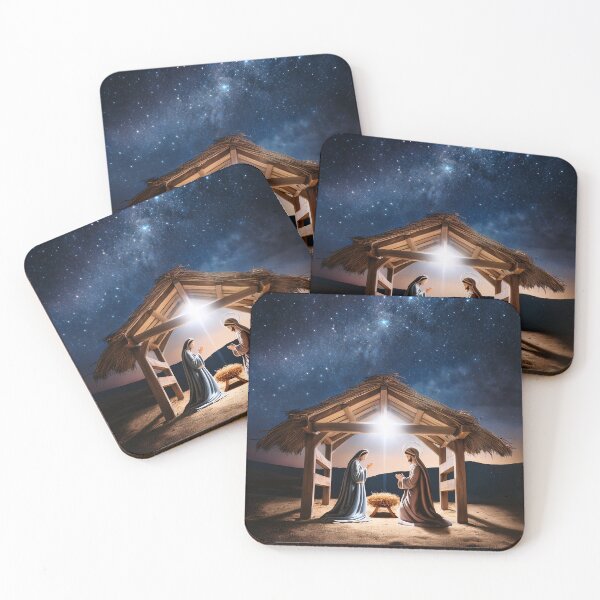 Item preview, Nativity scene under thatched stable with bright star above and starry night sky backdrop, depicting holy family in peaceful desert setting designed and sold by homydesign.