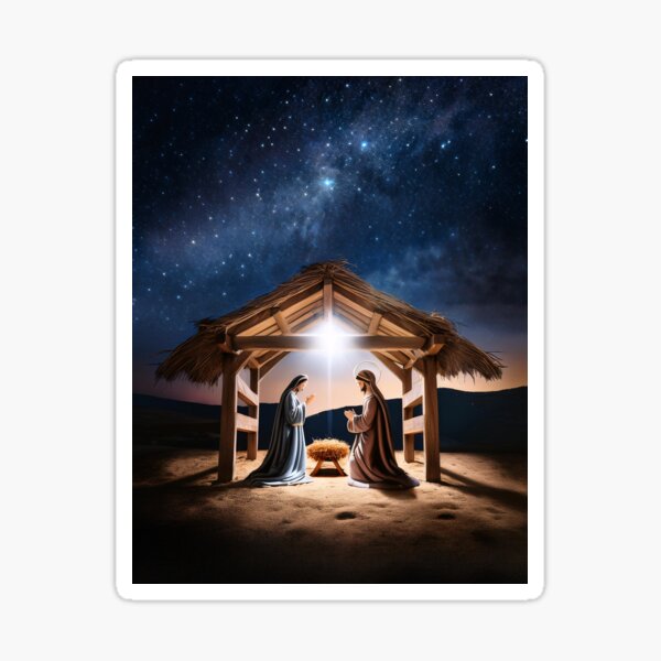 Item preview, Nativity scene under thatched stable with bright star above and starry night sky backdrop, depicting holy family in peaceful desert setting designed and sold by homydesign.