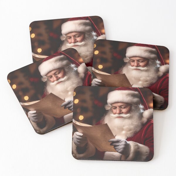Artikelvorschau, Eine fröhliche Person im Weihnachtsmannkostüm, die eine Brille trägt und aus einer Schriftrolle liest, aufgenommen in einer gemütlichen Umgebung mit warmen Bokeh-Lichtern im Hintergrund entworfen und verkauft von homydesign.