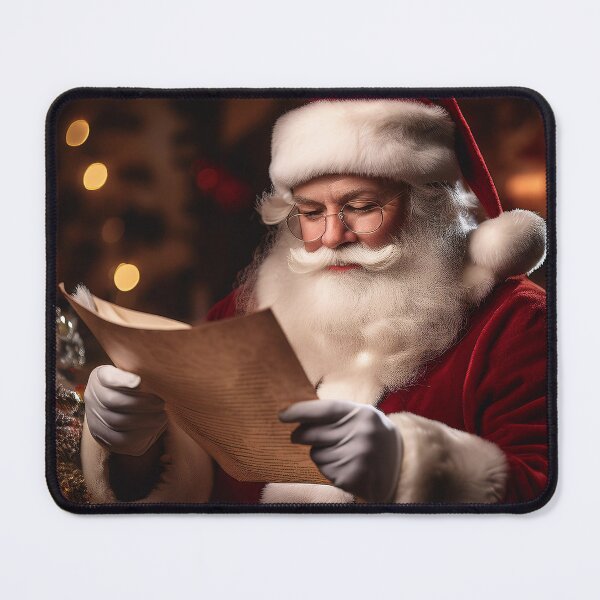 Item preview, A joyful person in Santa costume wearing glasses and reading from a scroll, captured in a cozy setting with warm bokeh lights in the background designed and sold by homydesign.