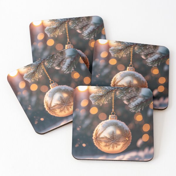 Item preview, A golden Christmas ornament adorned with intricate patterns, hanging on a snowy branch at sunset designed and sold by homydesign.