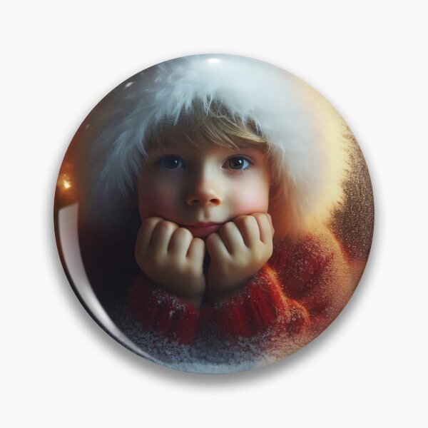 Item preview, A young child in a fuzzy white hat looks through a frosted window, against a background of glowing holiday lights designed and sold by homydesign.