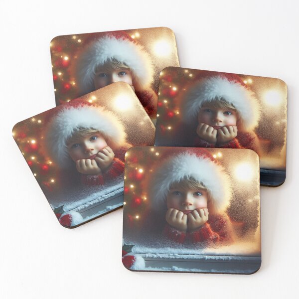 Item preview, A young child in a fuzzy white hat looks through a frosted window, against a background of glowing holiday lights designed and sold by homydesign.