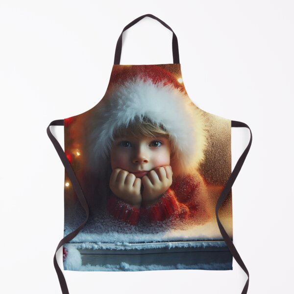 Item preview, A young child in a fuzzy white hat looks through a frosted window, against a background of glowing holiday lights designed and sold by homydesign.