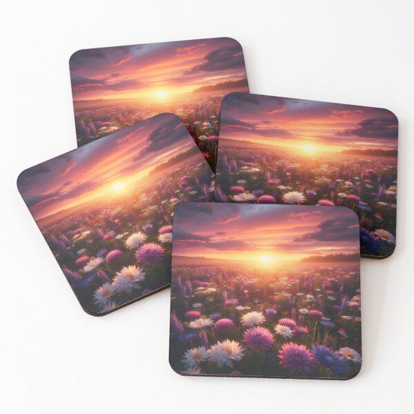Artikelvorschau, Ein atemberaubender Sonnenuntergang malt den Himmel in leuchtenden Farben und wirft einen goldenen Schimmer über ein Feld bunter Blumen entworfen und verkauft von homydesign.