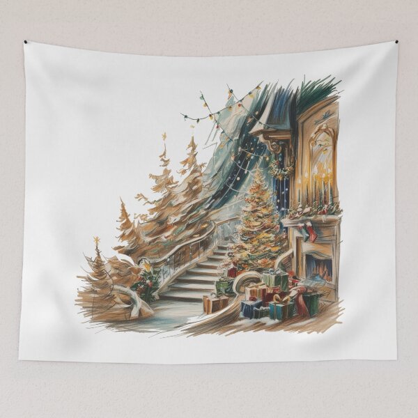 Item preview, A Christmas scene with a tree, a fireplace, and a staircase designed and sold by PWDigitalArt.