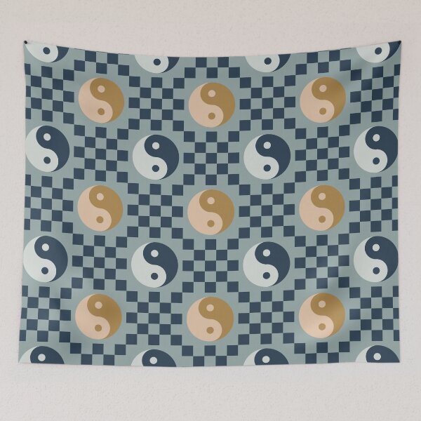 Item preview, Checkerboard Ying Yang Pattern 2 in Navy Blue and Gold Brown designed and sold by nineFlorals.