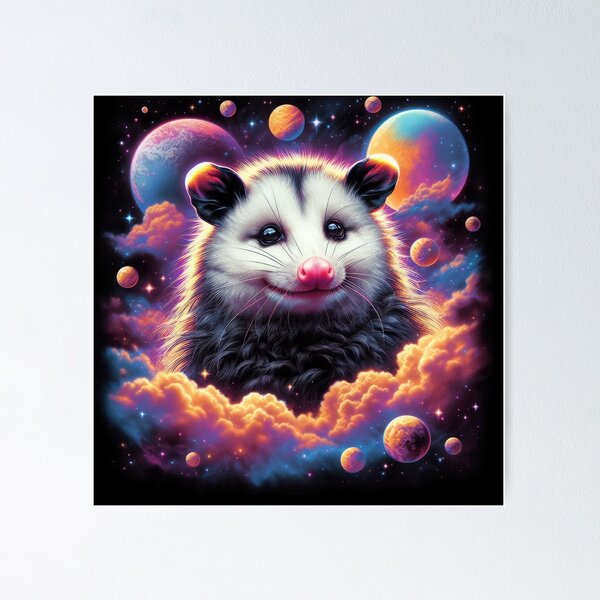 Item preview, Smiling opossum in cosmic clouds, synthwave space-themed art, fantasy animal galaxy design designed and sold by SubtleSplit.