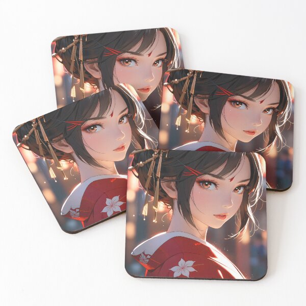 Item preview, Elegant anime geisha in red kimono with floral pattern designed and sold by derbenzi.