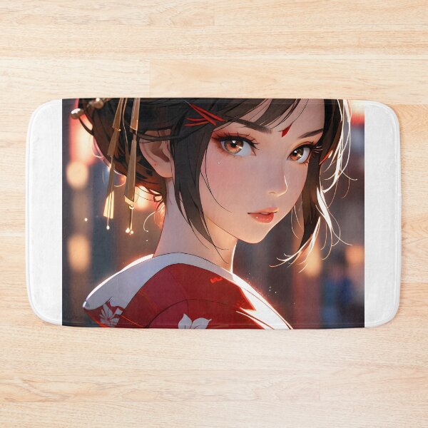 Item preview, Elegant anime geisha in red kimono with floral pattern designed and sold by derbenzi.